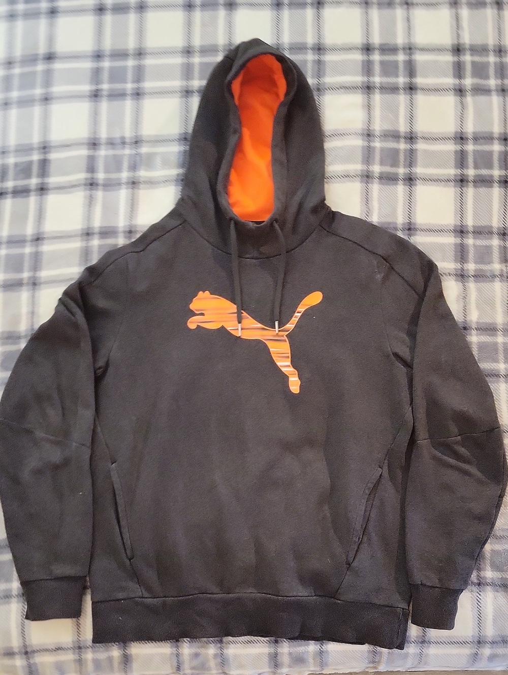Puma Black Hoodie with Orange Puma Logo and Lined Hood